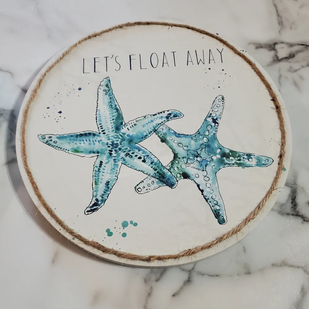 Lets Float Away Starfish & Sea Turtle Round Canvas Wall Decor